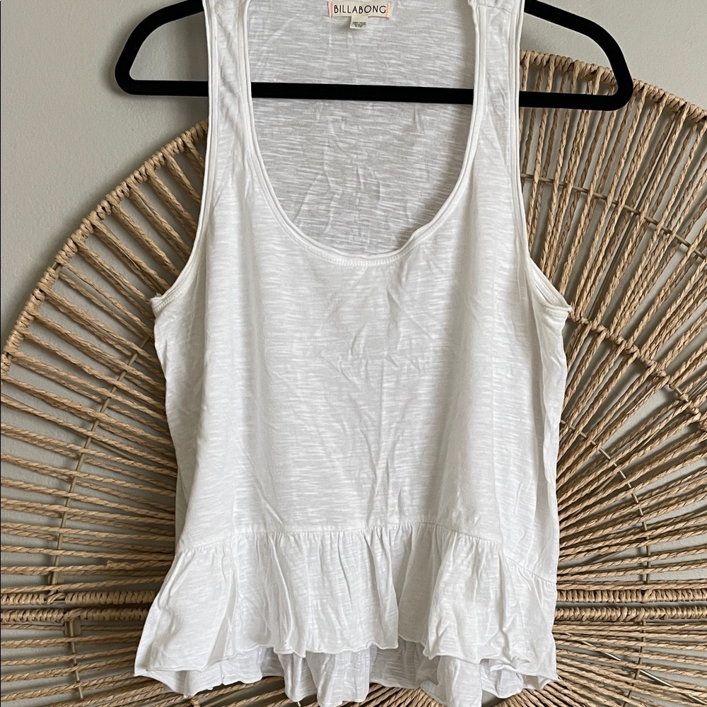 Billabong Women’s White Ruffle Hem lightweight Tank Top 100% Cotton Size L